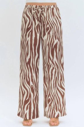 Entro Elizabeth Zebra Print Drawstring Waist Pants In Brown