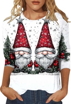 Generic Ladies Christmas Tops Christmas Jumpers for Women Xmas Tree Print Xmas T-Shirts Plus Size Novelty Funny 3/4 Sleeve Elf Santa Print Reindeer Graphic Bl