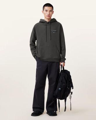 AllSaints Mens Cotton Redact Pullover Embroidered Logo Hoodie, Size: M