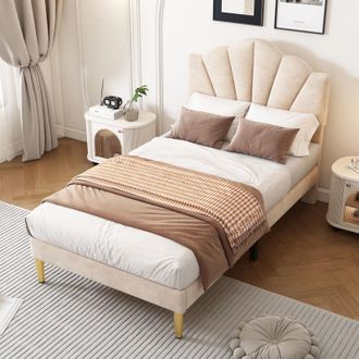 C&A Beige Velvet Upholstered Single Bed(3ft/90x190cm)with Shell Design,Golden Legs,Adjustable Headboard