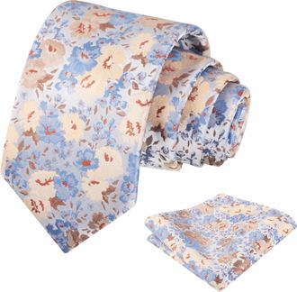 Alizeal Mens 8cm Floral Ties and Pocket square Ties Set for Wedding Fashion Flower Printed Necktie Set, Blue+Khaki