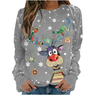 Generic Christmas Sweatshirts for Women UK Funny Reindeer Snowflake Graphic Print Casual Long Sleeve Shirts Tunic Tops Womens Ugly Christmas Sweatshirts Women
