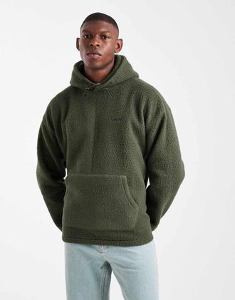 Levi's Felpa con cappuccio in pile borg verde scuro con logo tono su tono