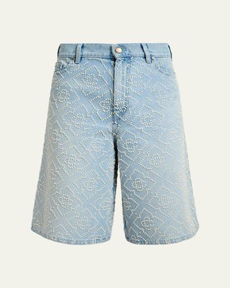 Casablanca Mens Pearly Monogram Wide-Leg Denim Shorts
