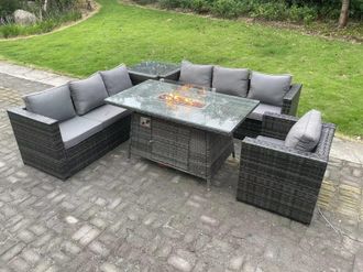Fimous 7 Seater Rattan Garden Furniture Sofa Set Outdoor Patio Gas Fire Pit Dining Table Gas Heater Burner in Dark Grey