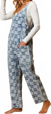 Bibi Low Rise Vintage Washed Checker Overalls In Light Wash Denim