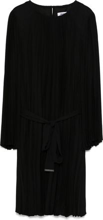 DKNY Pleated A-Line Midi Dress with Long Sleeves and Fabric Belt