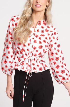 Isaac Mizrahi New York Poppy Print Cotton Balloon Sleeve Shirt in Red Multi at Nordstrom, Size X-Large