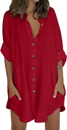 Generic Long Tops to wear with Leggings Womens Button Down Shirts Dress Plain Loose Casual Oversized Cotton Blouses V Neck Fashion Tunic Dresses Summer 2025 C