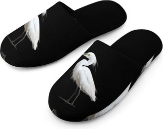 Generic Snowy Heron Cotton Slippers for Men Memory Foam House Slippers Soft Anti-skid Sole Indoor Outdoor Shoes