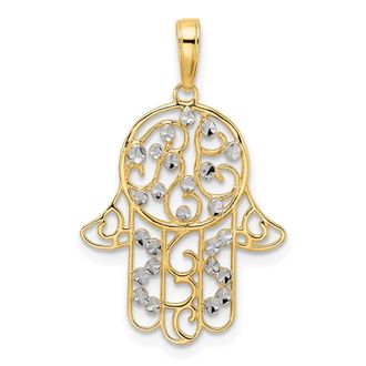 Diamond2Deal 14k Yellow Gold White Rhodium Diamond-Cut Fancy Hamsa Pendant