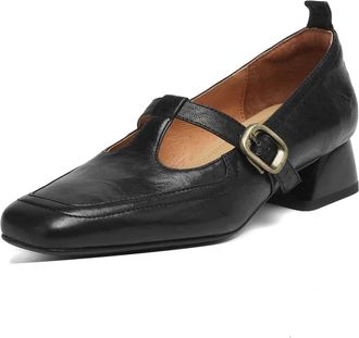 TinaCus Handmade Womens Genuine Leather Square Toe Slip On T-Strap Buckle Low Heel Office Loafer Shoes, Black, 7 UK