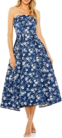 Mac Duggal Floral Strapless Brocade Midi Dress in Blue Multi at Nordstrom, Size 12