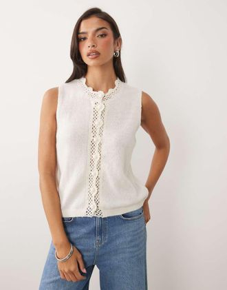 Nobody's Child Canotta in maglia color crema con finiture alluncinetto-Marrone