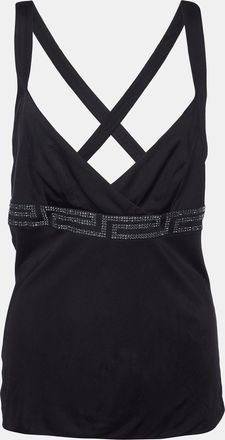 Versace Black Jersey Crystal Greca Embellished Tank Top