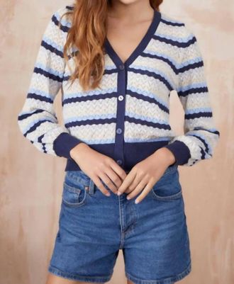 Isla Ayla Pointelle Stripe V Cardigan In Navy Multi