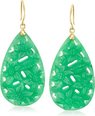 Ross-Simons Carved Jade Floral Drop Earrings With 14kt Yellow Gold