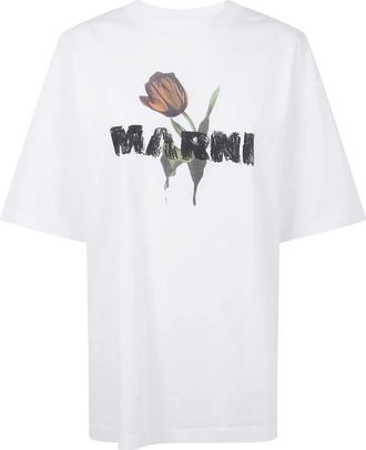 Marni Floral Logo T-Shirt - Dames - T-shirts - Wit - L - Katoen - Tops