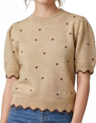 She + Sky Short Sleeve Polka Dot Scalloped Sweater Top In Beige