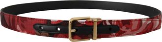 Dolce & Gabbana Mens Red Jacquard Rose Leather Gold Metal Buckle Belt