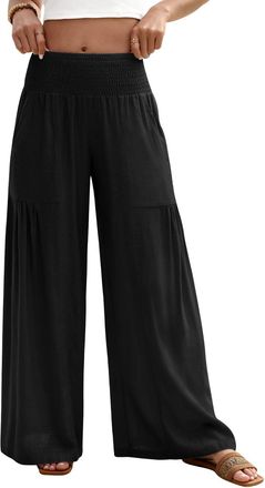 Heekpek Linen Trousers Womens Summer Wide Leg Baggy Lounge Pants Pleated Elasticated Waist Comfy Lightweight Beach Trousers with Pocket, Black, S