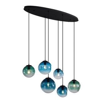 QAZQA Art D&eacute;co L&aacute;mpara Colgante Art D&eacute;co Negra Con Placa De Techo Ovalada Y Cristal Verde Y Azul 6 Luces - Douglass Vidrio /met&aacute;lica Alargada /esfera /ovala