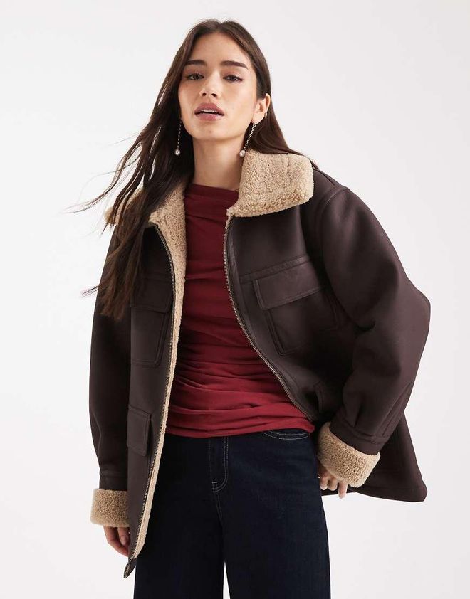 Asos Veste mi-longue imitation cuir contrecollé Chocolat-Brown