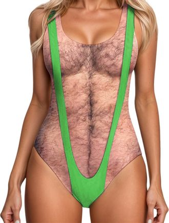Generic Womens Swimsuit One Pieces Funny Swimming Costumes Hairy Body Chest 3D Printed Hippie Bathing Suit Ladies Sexy Backless Ugly Funny Novelty Fake Muscle