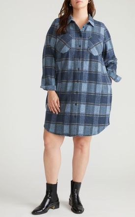 Universal Standard Long Sleeve Check Flannel Shirtdress in Heather Fog Plaid Blue at Nordstrom, Size Xs