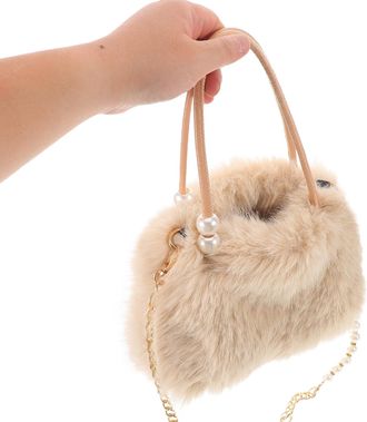 PartyKindom Cozy Plush Crossbody Bag for Women with Elegant Pearl Chain Soft Furry Shoulder Tote Handbag in Beige Large Capacity Fuzzy Purse for Work Travel and D