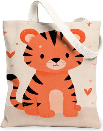Generic Cute Tiger Canvas Tote Bags, Playful Animal Pattern Reusable Grocery Bags, Lightweight Washable Shoulder Strap Canvas for S, Orange, 13x15 Inch