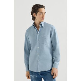 Brunello Cucinelli Lightweight denim shirt with Italian collar and chest pocket in Light Blue Denim at Nordstrom, Size Xxx-Large