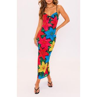 VICI Collection Radiant Floral Body-Con Midi Dress in Red/Blue/Black Multi at Nordstrom, Size X-Large
