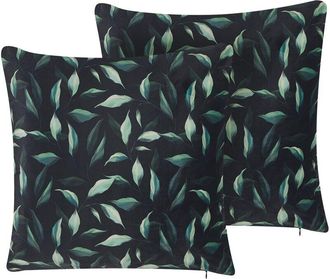 Beliani Conjunto De 2 Cojines De Terciopelo Negro Verde Patr&oacute;n De Hojas 45 X 45 Cm Funda Extra&iacute;ble Cremallera Moderno Toadflax