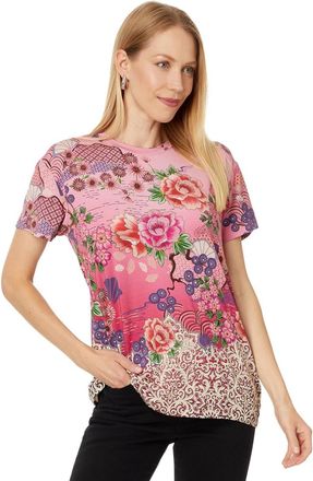 Johnny Was Womens Loose Fit Tee-Pink Lace Short Sleeve T-Shirt