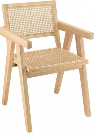 Macabane Sillón de madera de hevea clara con respaldo y asiento de ratán