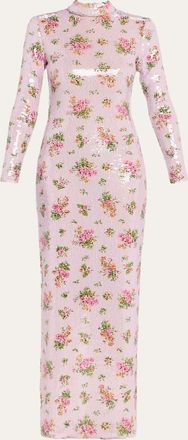 Brandon Maxwell Sequined Floral Long-Sleeve Column Maxi Dress