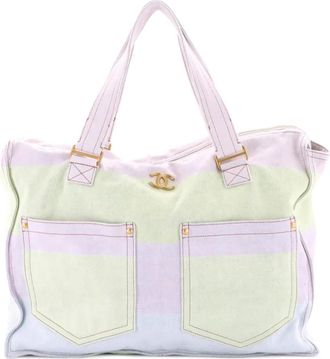 Chanel CC Double Pocket Striped Denim Large tote bag - Blauw