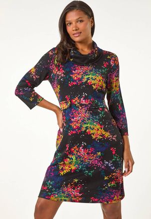 Roman Abstract Print Ponte Tab Detail Dress
