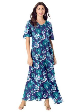Roaman's Plus Size Hand Crinkled Flutter-Sleeve Maxi Dress in Navy Bold Painted Floral at Nordstrom, Size 20P
