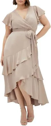 City Chic Jen Ruffle Faux Wrap Satin Dress in Simply Taupe at Nordstrom Rack, Size 18W
