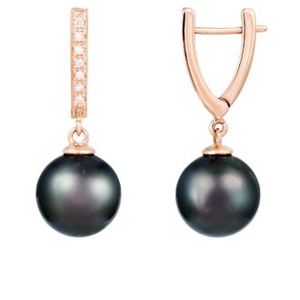 Splendid Pearls 14k Gold Diamond Encrusted Tahitian Pearl Earrings