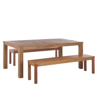 Beliani Conjunto De Jard&iacute;n 3 Piezas Mesa Rectangular Madera Maciza De Eucalipto 2 Bancos Dise&ntilde;o R&uacute;stico Interior Exterior Monsano