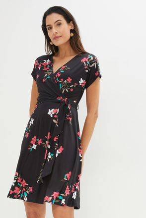 Bonprix Jerseykleid BONPRIX, Damen, Gr. 52/54 (XXL), N-Gr, schwarz, himbeere gebl&uuml;mt, Jersey, Obermaterial: 95% Polyester, 5% Elasthan. Futter: 100% Polyester