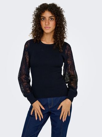 Only Rundhalspullover ONLY ONLPERRY LIFE LS MIX O-NECK KNT, Damen, Gr. S, schwarz (schwarz detail:dtm lace), Strick, Obermaterial: 78% Polyester, 22% Visko