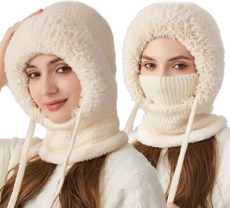 Generic 3 in 1 Beanie Hat for Women, New 3-in-1 Cold Resistant with Scarf & Mask, Hooded Piece Windproof Warm Snow Cap (UK, Alpha, One Size, Beige)
