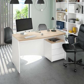 Dmora Scrivania Carrollton, Scrittoio da ufficio, Tavolo da studio porta PC con 3 cassetti, 136x67h74 cm, Bianco e Rovere