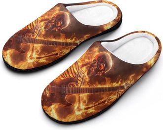 Generic Human Skeleton Playing Guitar in Fire Womens Slippers Warm House Slippers Indoor House Shoes with Anti-Skid Rubber Sole