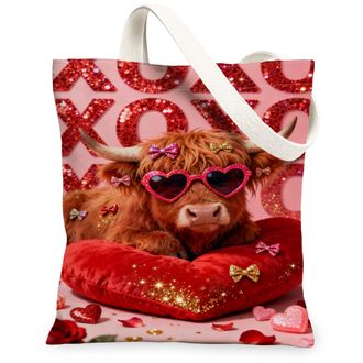 Generic Cute Animal Canvas Tote Bags, Playful Cow Design Reusable Grocery Bags, ValentineS Day Lightweight Washable Shoulder Strap, Red, 13x15 Inch