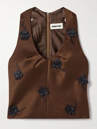 Shushu/Tong Top In Raso Con Fiori E Decorazioni - Marrone